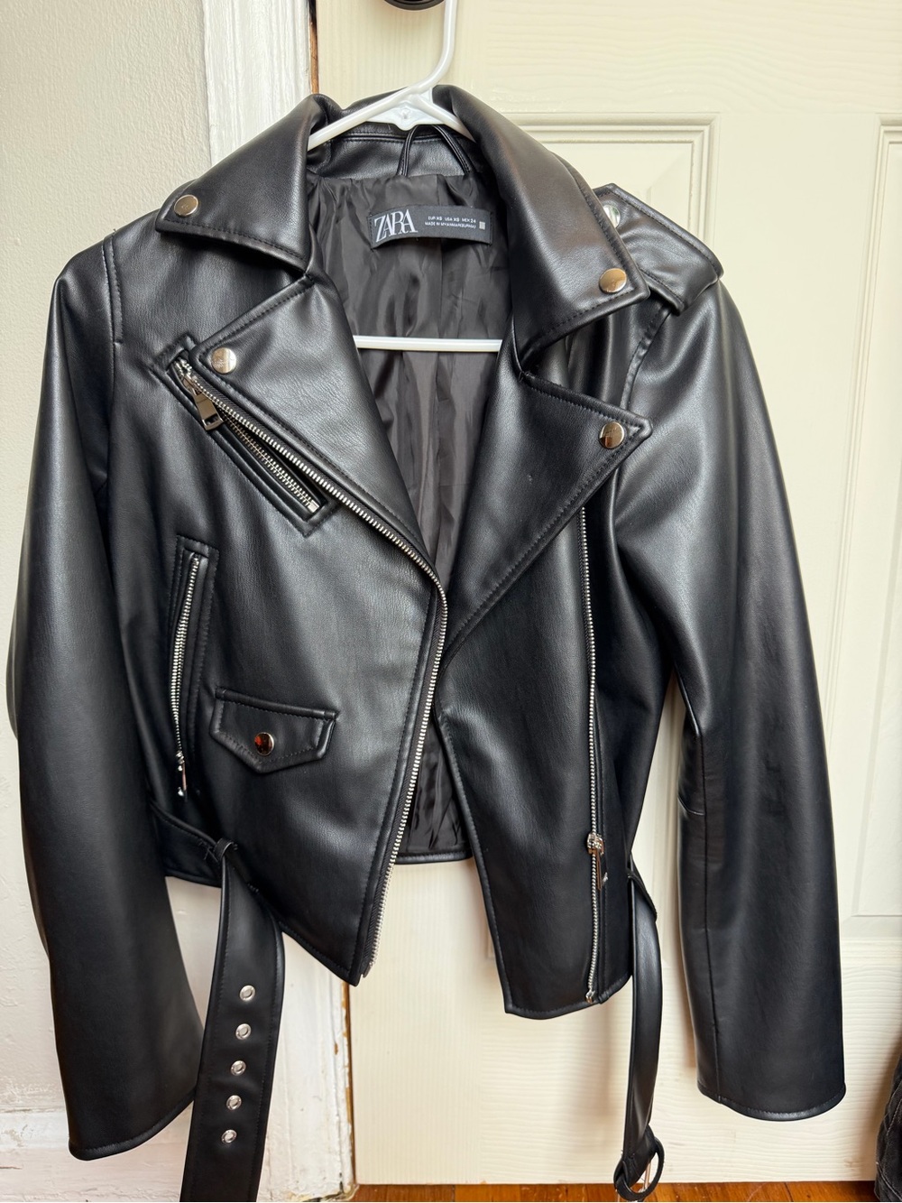 ZARA Black Faux Leather Moto Jacket with Belt